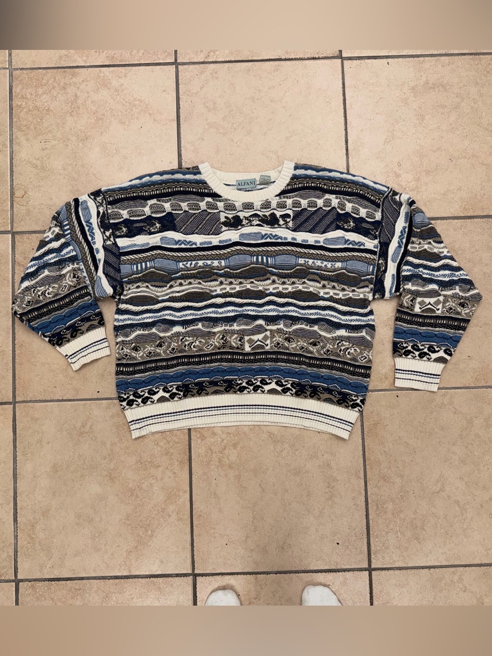 Vintage Alfani Coogi Like Knit Sweater Mens Sz XL Blue Hip Hop 90s Cosby Biggie
